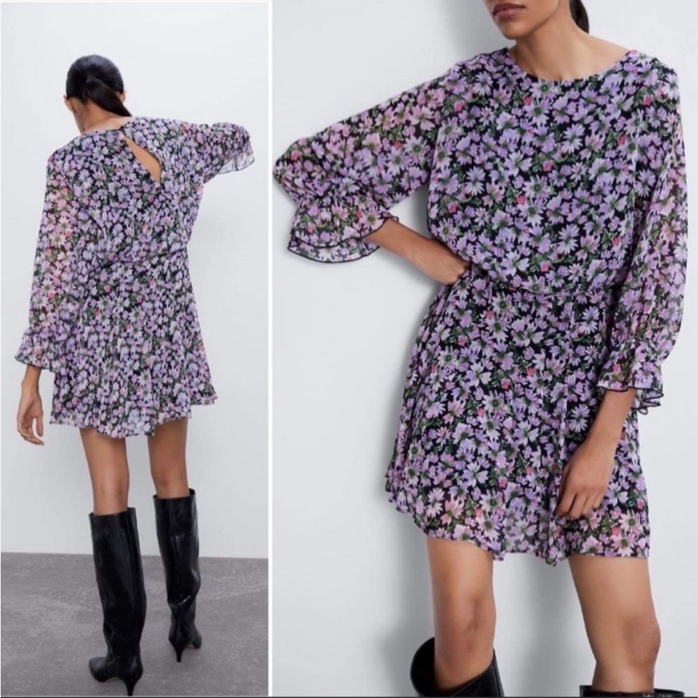 Zara Long Ruffle Sleeve Ditsy Floral Dress Large